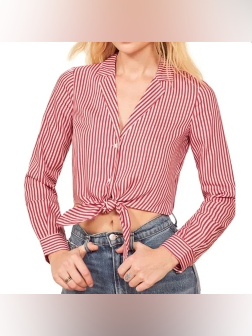 Reformation Alexis Red & White Striped Tie-Front Button Shirt